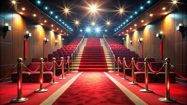 Glitzy red carpet unfurls before a sleek, modern movie theater, ready for a glamorous film premiere, with customizable template elements for easy editing.