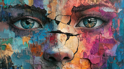 Fragmented Figure Art,  An eye-catching representation of a broken figure, using various textures and vibrant colors to inspire emotion and provoke thought