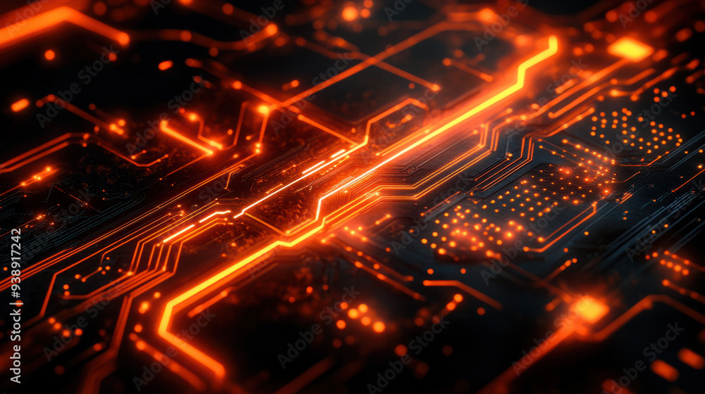Poster glowing circuit board, an image of a circuit board featuring bright orange lines on a dark backgroun