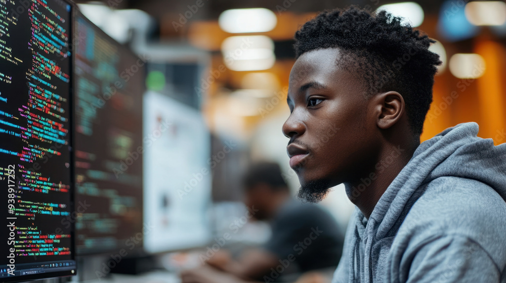 Poster african student studying, a side view of an african student engaging with computer coding and cybers