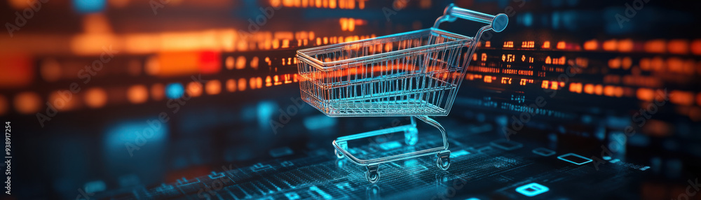 Poster Online shopping e-commerce,  A shopping cart rendered as a holographic projection stands out, with dynamic annotations hovering above it that detail product features and pricing.