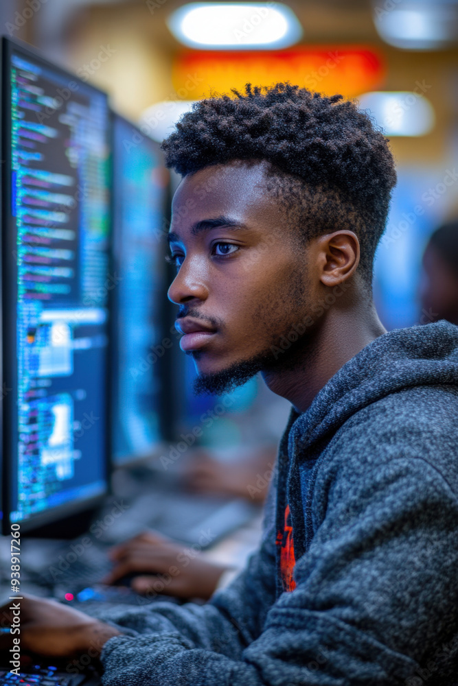 Poster african student studying, a side view of an african student engaging with computer coding and cybers