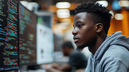 African Student Studying,  A side view of an African student engaging with computer coding and cybersecurity education, focusing on learning and online software