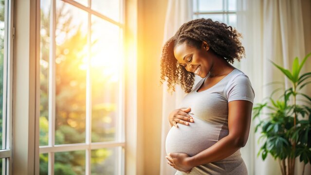 Glowing African American expectant mother cradles her pregnant belly, surrounded by natural light, embracing a serene and joyful moment of motherhood.