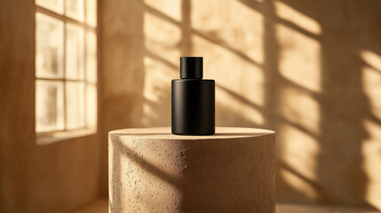 Black Perfume Bottle,  A simple black perfume bottle displayed on a cylindrical pedestal, featuring soft shadows for an elegant presentation