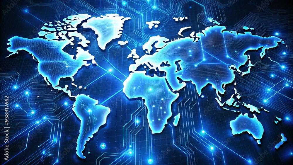 Poster glowing blue world map with neon networks and circuits, representing the intersection of technology 