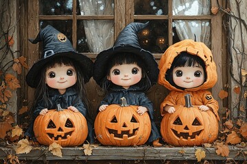 Charming illustration of children in Halloween costumes by pumpkins, perfect for seasonal decorations, party invitations, or themed marketing, with copy space.