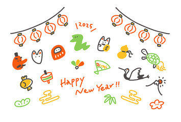 手描きの和風のかわいい年賀状　2025 縁起物