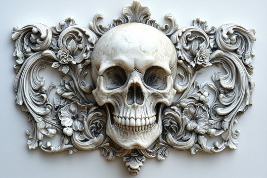 A detailed 3D skull with floral accents, perfect for Halloween decorations, interior design or spooky-themed events with copy space.