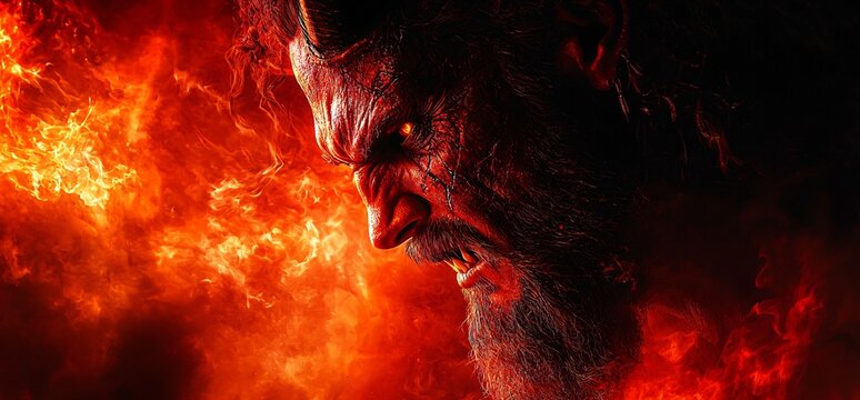 Dramatic image of an angry devil figure set against a fiery background, ideal for Halloween-themed designs and promotions, with copy space.