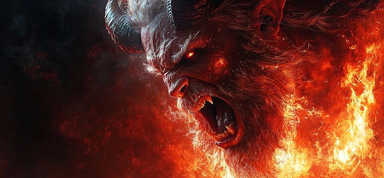 An intense portrayal of an angry devil character against a fiery background, perfect for Halloween themes and graphic designs with copy space.