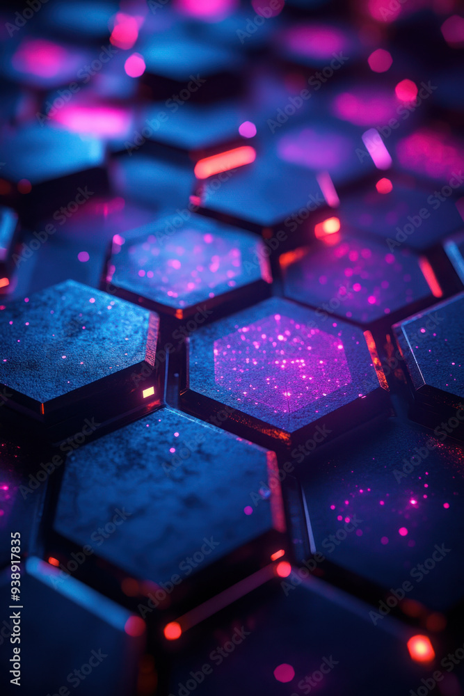 Poster futuristic hexagonal design, a striking futuristic pattern featuring glowing hexagons against a dark