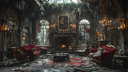 An abandoned Victorian living room filled with decayed luxury furniture, broken chandeliers, and a fireplace, creating a haunting, atmospheric setting
