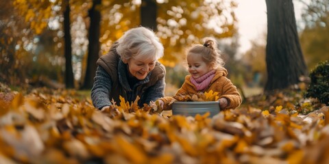 A smiling little girl with her grandmother picks up yellow leaves and puts them in a bucket in the garden.