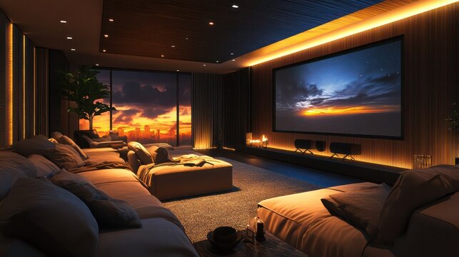 A modern home theater setup with dim lighting, plush seating, and a large screen, ready for an immersive movie night.