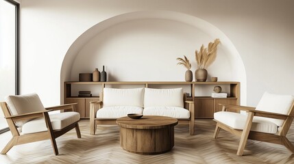Bright and Airy Living Room in High Resolution 3D Render Featuring Wooden Armchairs, White Sofa, Parquet Floor, and Arched Shelf with Decorative Items, Creating a Calm and Cozy Atmosphere