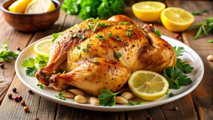 Golden-brown baked chicken sprinkled with freshly ground black pepper and topped with slices of bright yellow lemon, garnished with fresh parsley on a white plate.