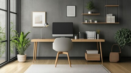 Minimalist home office setup with modern desk Ergonomic chair and clean lines Great for productive virtual meetings.