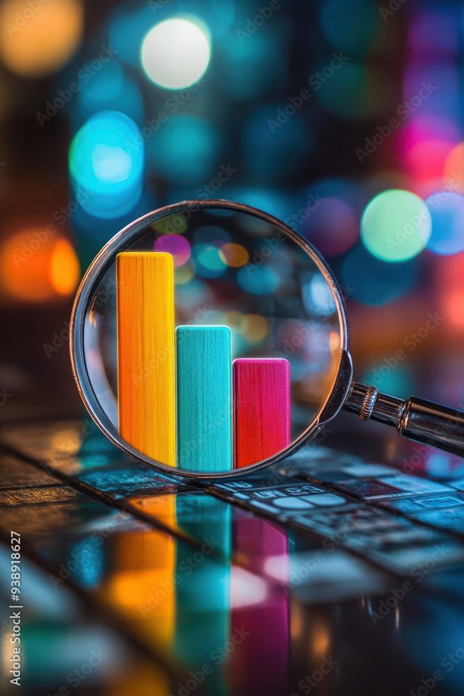 Poster data analysis graphic, a vibrant bar graph seen through a magnifying glass, representing the process