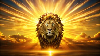 Golden sunset background with majestic lion silhouette at center, creating a powerful and regal logo ideal for business, sports, or wildlife branding applications.