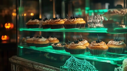 Obraz premium Delicious Cupcakes Displayed in an Illuminated Glass Bakery Showcase