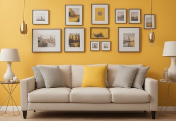 Beige sofa with yellow pillows and two side tables with lamps against vibrant yellow wall with poster frame. Classic home interior design of modern living room