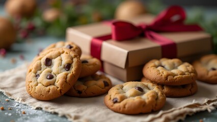 Golden brown chocolate chip cookies in front of a gift box wrapped with a red ribbon, set in a festive background