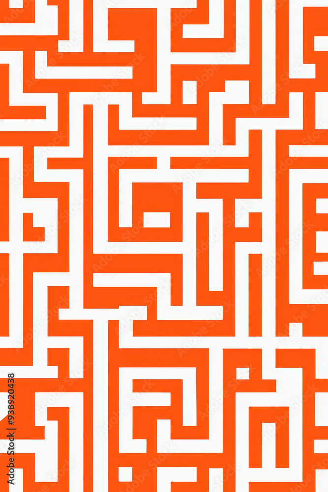 Poster maze pattern, bright orange and white maze pattern featuring bold geometric lines and shapes creates
