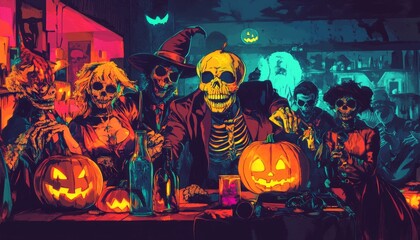 Halloween Party Scene Filled with Costumed People and Neon Lights