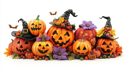 Festive Halloween Pumpkins and Autumn on Rustic Background