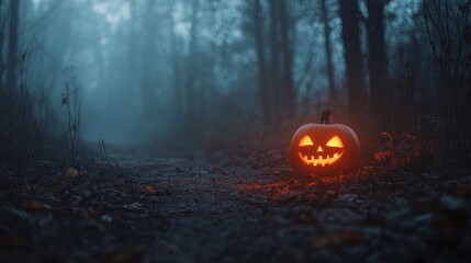Glowing Jack o  lantern in Eerie Autumn Forest with Fog and Leaves