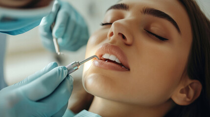 Naklejka premium dentist treatment, Close-up of a dentist using a drill to treat a cavity The patient lies in the chair, eyes closed, showing signs of discomfort