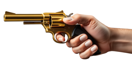 Hand Holding Golden Gun isolated on white background png file.