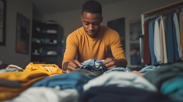 A man folding laundry on his bed, carefully sorting and organizing his clothes.