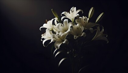 branch of white lilies flowers, mourning or funeral background, condolence card with copy space for text