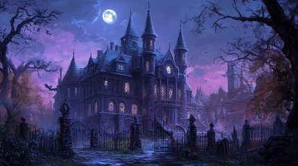 Haunted Gothic Mansion Under Ominous Moonlit Skies with Supernatural Ambiance