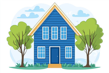 Fototapeta premium A colorful illustration of a blue house with two trees on each side, set against a sky with clouds