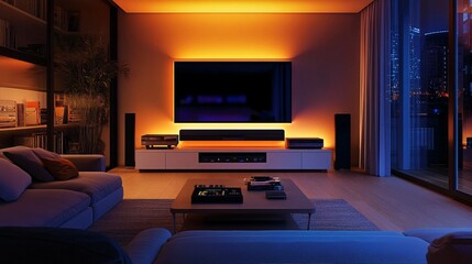 Cozy living room with a smart TV and integrated home theater system