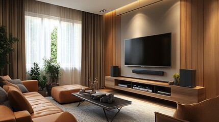 Cozy living room with a smart TV and integrated home theater system