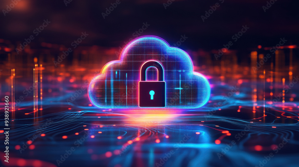 Poster cloud security measure, futuristic hologram of a lockpad icon displayed over a wispy cloud expanse, 