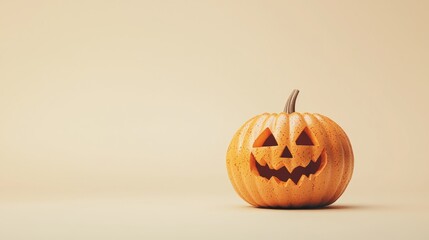 Orange Carved Pumpkin with Spooky Face on Beige Background