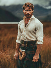 Portrait of a Handsome Scottish Man Wearing Traditional Highland Attire in a Misty Landscape