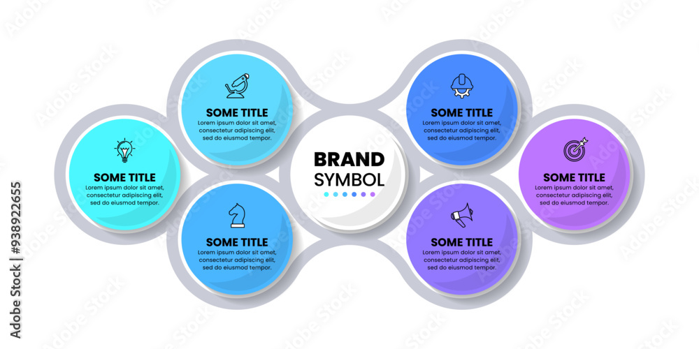 Poster infographic template. 6 linked circles with icons