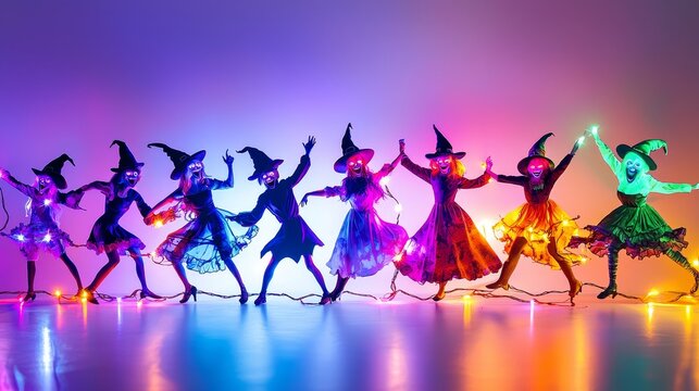 Vibrant Dancers in Magical Costumes Performing on Illuminated Stage with Captivating Choreography