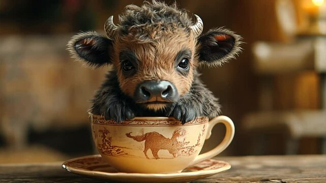 Tiny Bison, Big Teacup: An adorable baby bison calf sits patiently in an antique teacup, its soulful eyes peering out. Perfect for wildlife enthusiasts and those who love whimsical imagery. 