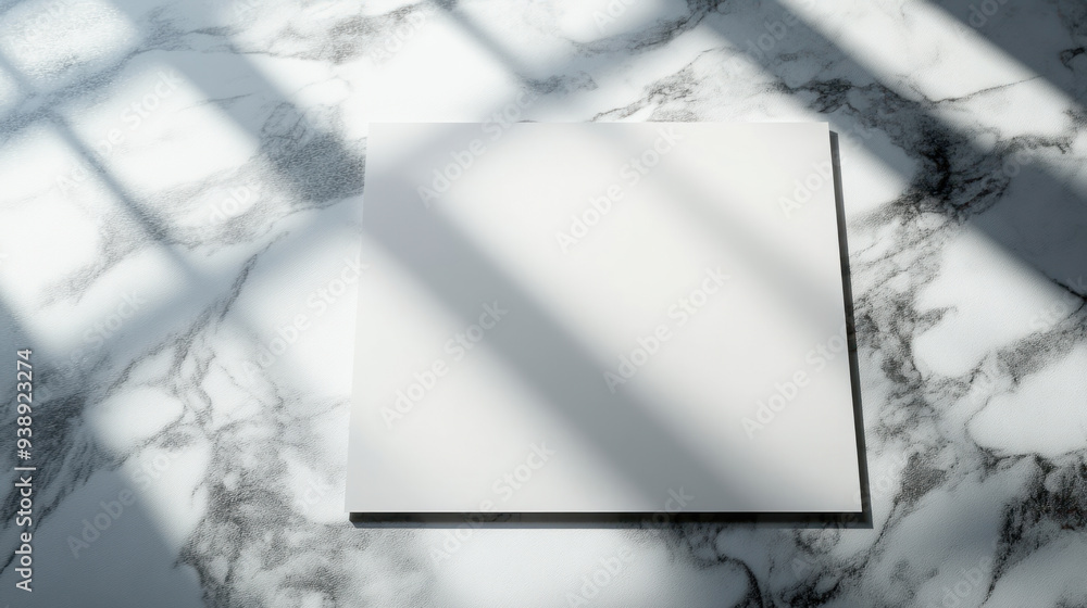 Poster blank paper, a blank sheet of paper resting on a marble surface, with soft shadows creating a minima