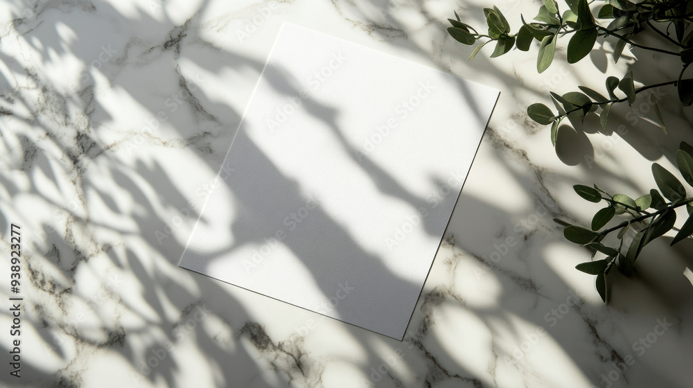 Poster blank paper, a blank sheet of paper resting on a marble surface, with soft shadows creating a minima