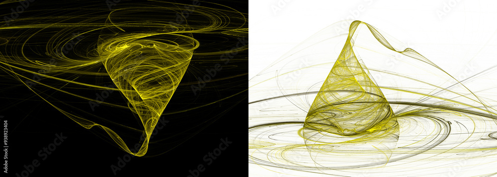 Poster yellow abstract swirls, in the form of a funnel, spin quickly on white and black backgrounds. set of