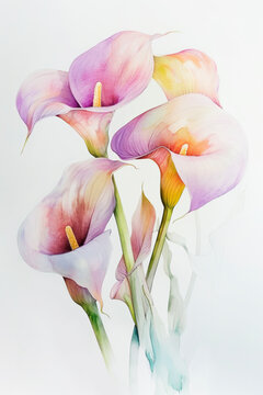 Watercolour painting of purple calla lily flowers on white background, Elegant spring flower, pastel tone, illustration poster