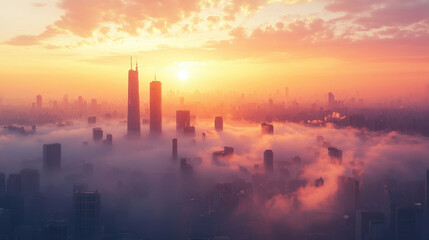 Fototapeta premium Urban Pollution, A city skyline covered in thick smog during sunset, illustrating the effects of serious air pollution in urban environments